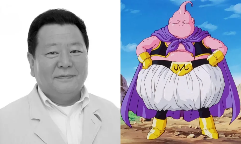 Kozo Shioya na czarno-białym portrecie oraz Majin Buu z serii Dragon Ball, zestawienie postaci aktora i jego roli