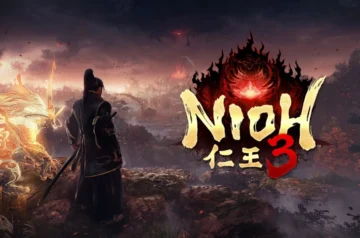 Bohater Nioh 3 stojący na wzgórzu i patrzący na spustoszoną Japonię, obok widmowego towarzysza, z logo Nioh 3 na pierwszym planie.