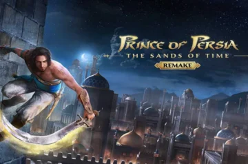 Książę z gry Prince of Persia: The Sands of Time Remake skacze z zakrzywionym mieczem nad nocnym perskim miastem, w tle pałace i kopuły pod rozgwieżdżonym niebem.