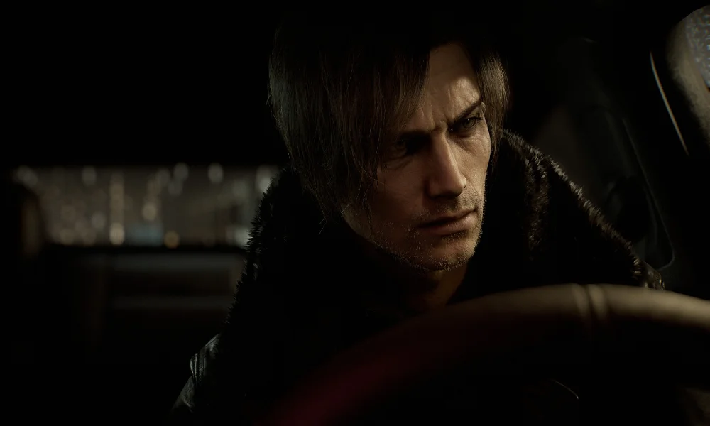 Zrzut ekranu z Resident Evil Requiem – Leon S. Kennedy w mrocznej scenie fabularnej, zbliżenie na twarz bohatera