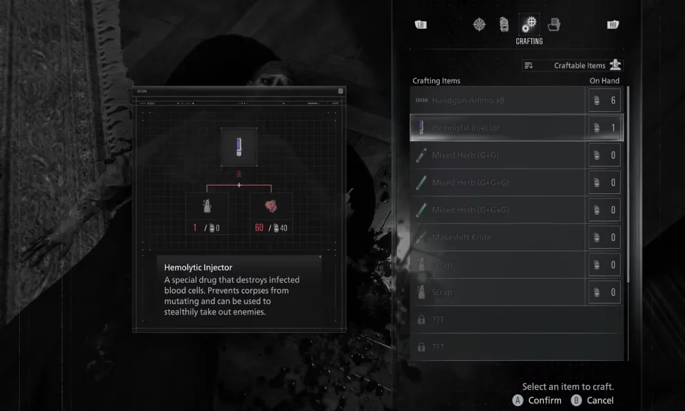 Zrzut ekranu z Resident Evil Requiem – ekran craftingu z nowymi przedmiotami i opisem wykorzystania krwi zakażonych