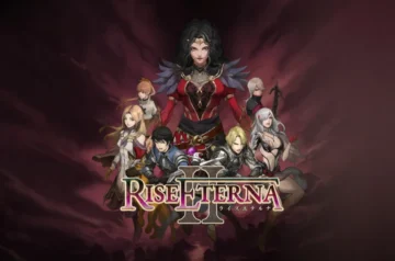 Key art promocyjny Rise Eterna 2 z demoniczną czarnowłosą wojowniczką w centrum w czerwonej zbroi i skrzydłach, otoczoną grupą siedmiu postaci w stylizowanych pozach fantasy (rycerze, magowie), na tle purpurowo-czerwonej mgły z logo gry na dole.