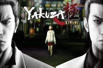 Grafika promocyjna gry Yakuza Kiwami – nocne Kamurocho, dziewczynka idąca środkiem ulicy oraz dwie męskie sylwetki po bokach, logo gry u góry