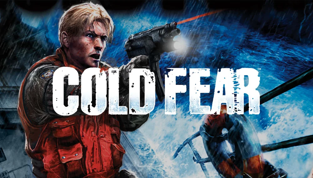Tytułowa grafika gry Cold Fear z logiem i bohaterem Tomem Hansenem.