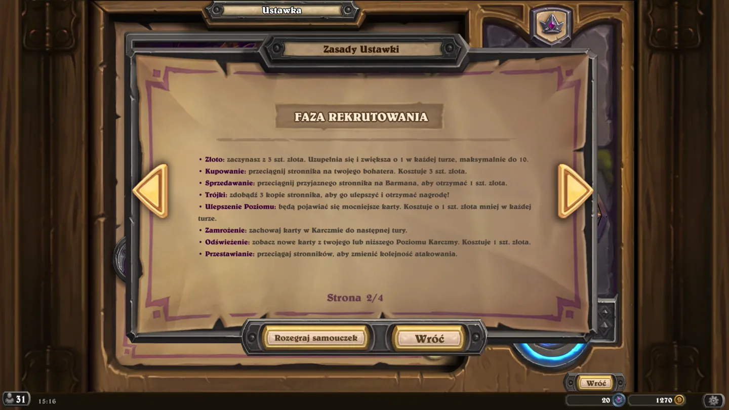 Zrzut ekranu z Hearthstone Mercenaries pokazujący ekran "Zadanie grupowe" z opisem: "Grupa wymaga GRA W GRUPY. Grupa zwerbowana z gry grupowej. Po rekrutacji zostaje na dwa najemnicy. Pozostałe grupy pozostają, są w rezerwie w kolejności. Zmień kolejność." Przyciski "Zrekrutuj ponownie" i "Wstecz".