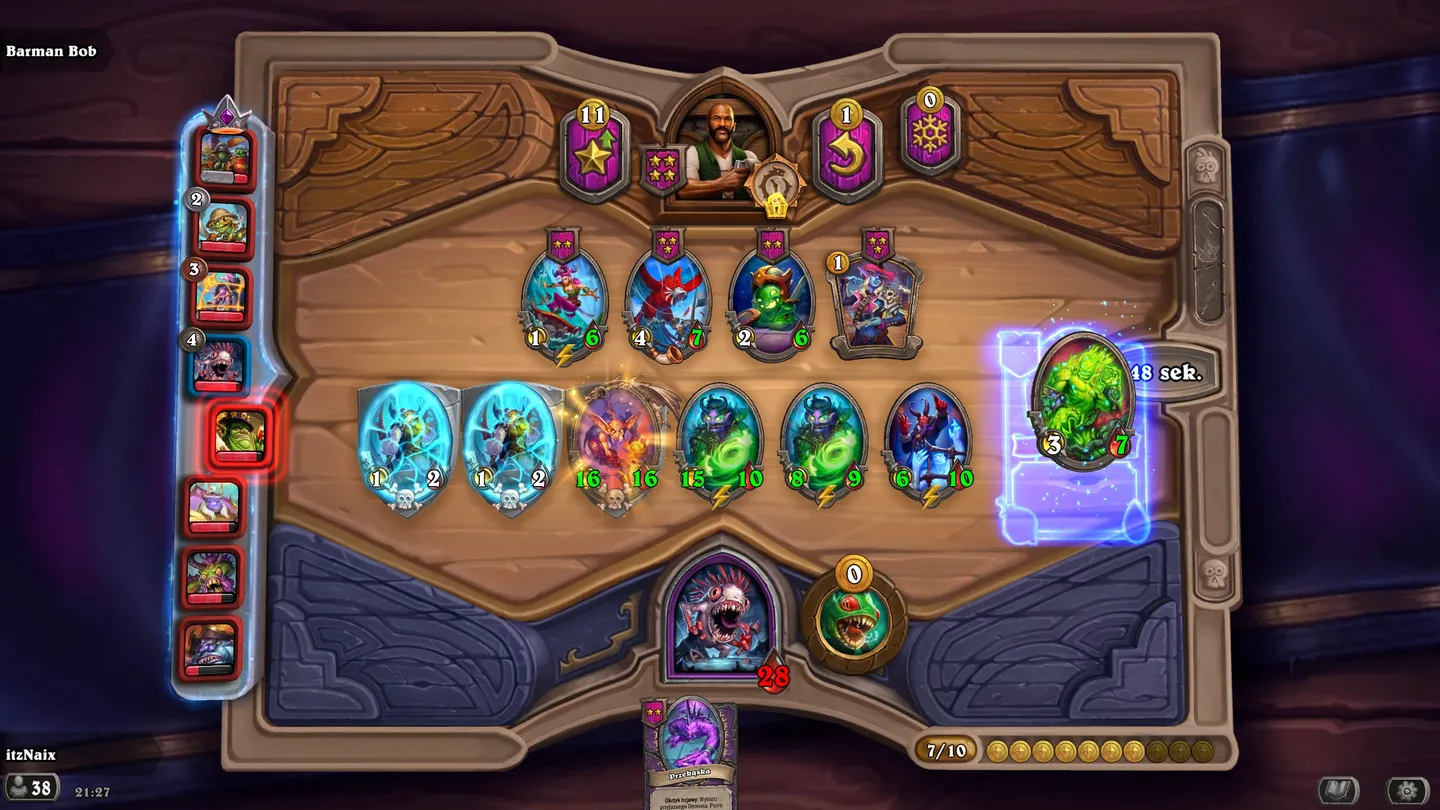 Szczeg&oacute;łowy widok karty "Wygłodniały Demon" (18 many, 9 ataku) obok karty "Stronniczy Demon" w Hearthstone Battlegrounds. Pokazuje opisy zdolności, manę i opcje wyboru (czerwone ramki). Interfejs z fioletowym tłem i monetami. ​