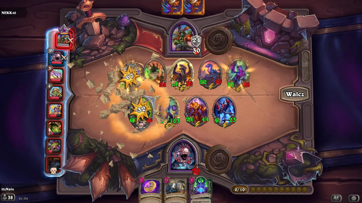 Zrzut ekranu z trybu Battlegrounds w Hearthstone pokazujący pełny st&oacute;ł z wieloma minionami (ok. 14), herosem po lewej w ozdobnej ramie, aktywnymi efektami zielonymi, monetami 11 i poziomem 6. Tło drewniane z magicznymi elementami.