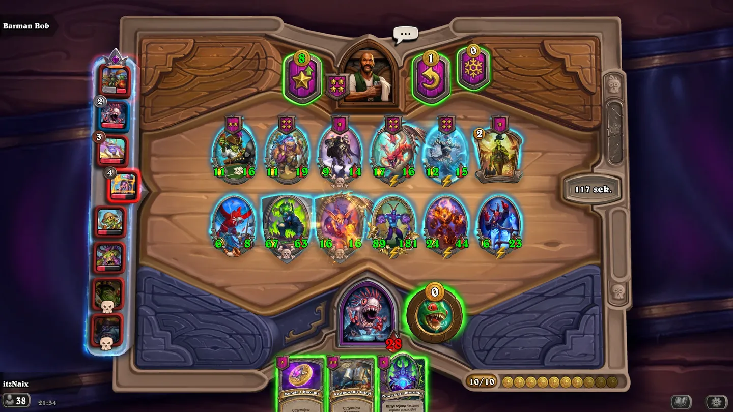 Dynamiczna walka w Battlegrounds Hearthstone z efektami słonecznymi/eksplozjami (ż&oacute;łte błyski), minionami walczącymi, monetami 9 i poziomem 10. Hero po prawej, piaskowe tło z roślinami i magią. ​ ​