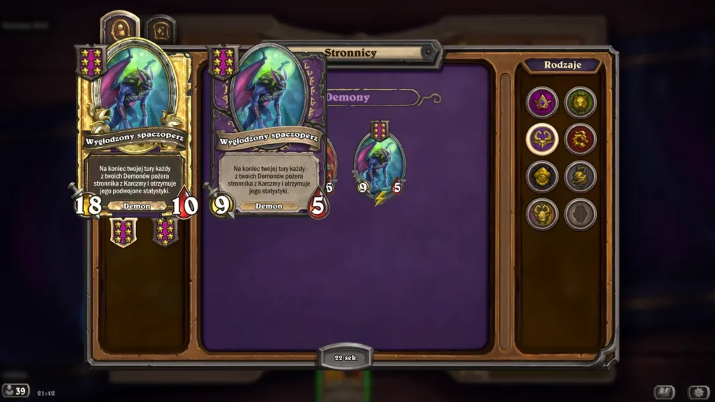 Plansza Battlegrounds w Hearthstone z minionami po obu stronach (w tym świecące zielone), herosem po lewej, monetami 17 i poziomem 7. Zielone podświetlenie na aktywnym minionie, drewniane tło z dekoracjami.