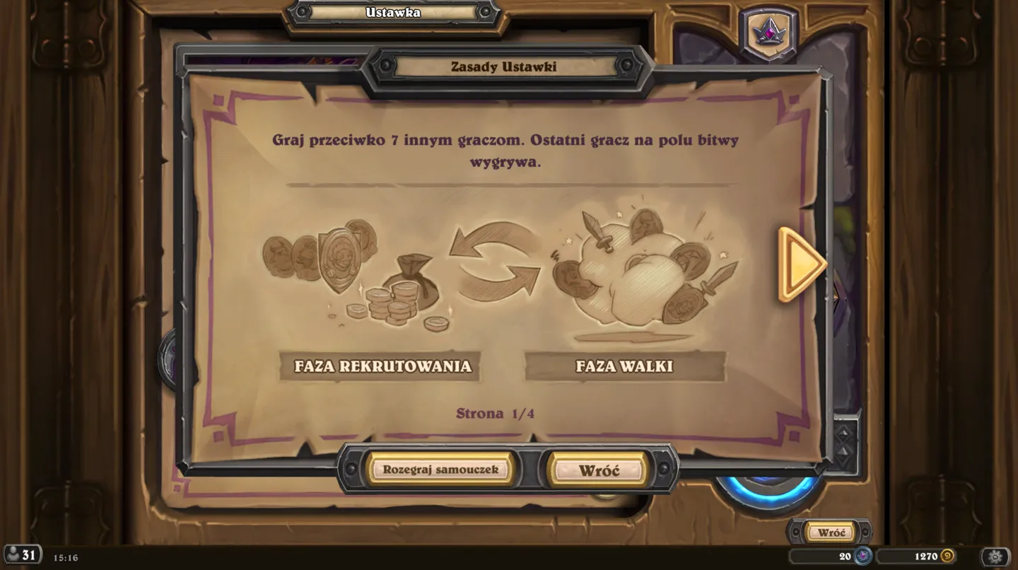 Zrzut ekranu z Hearthstone Mercenaries, ekran "Faza walki". Opis: "Rekrutuj najemnik&oacute;w FAZA WALKI. Rozpoczęcie walki. Wybierz metody ataku z poprzednich walk. Walki z wrogiem w szyku. To jest tekst z menu." Przyciski "Zrekrutuj ponownie" i "Wstecz".