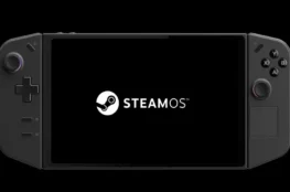Logo SteamOS wyświetlane na ekranie przenośnej konsoli Lenovo Legion Go na czarnym tle