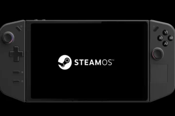 Logo SteamOS wyświetlane na ekranie przenośnej konsoli Lenovo Legion Go na czarnym tle
