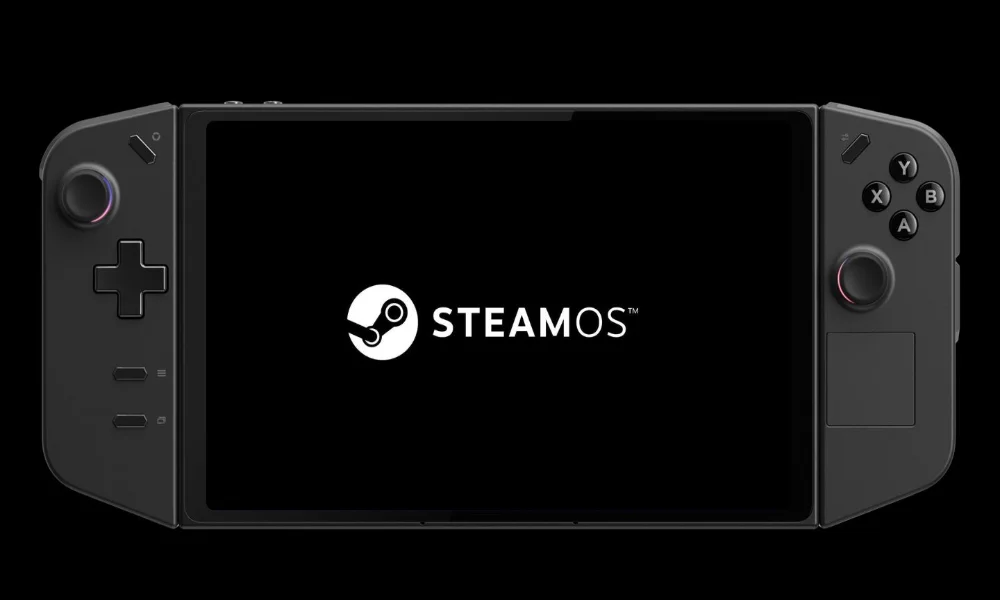 Logo SteamOS wyświetlane na ekranie przenośnej konsoli Lenovo Legion Go na czarnym tle