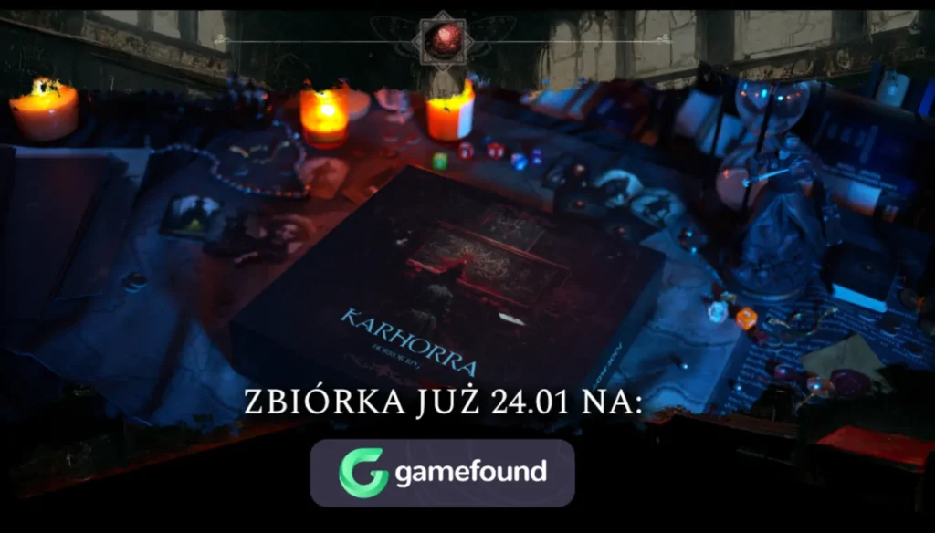 Karhorra Horror RPG na Gamefound: pudełko gry z świecami, kostkami i planszą, zbiórka startuje 24.01 w klimacie kosmicznego horroru.