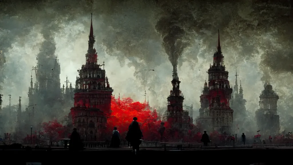 Mroczne miasto Karhorra z czerwonymi wieżami, dymem i postaciami w płaszczach na tle industrialnego krajobrazu w stylu gotyckiego horroru RPG.