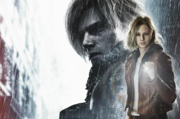 Resident Evil Requiem plakat z Leonem i Grace w deszczu, survival horror z zombie w miejskiej scenerii.