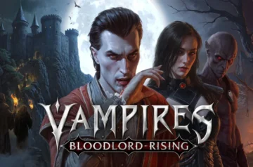Grafika promocyjna gry Vampires: Bloodlord Rising – wampirzy bohaterowie na tle zamku i pełni księżyca, mroczny klimat fantasy