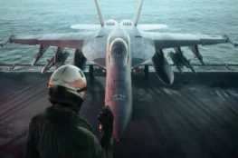 Myśliwiec bojowy na pokładzie lotniskowca w Ace Combat 8: Wings of Theve, przygotowywany do startu przez obsługę pokładową.