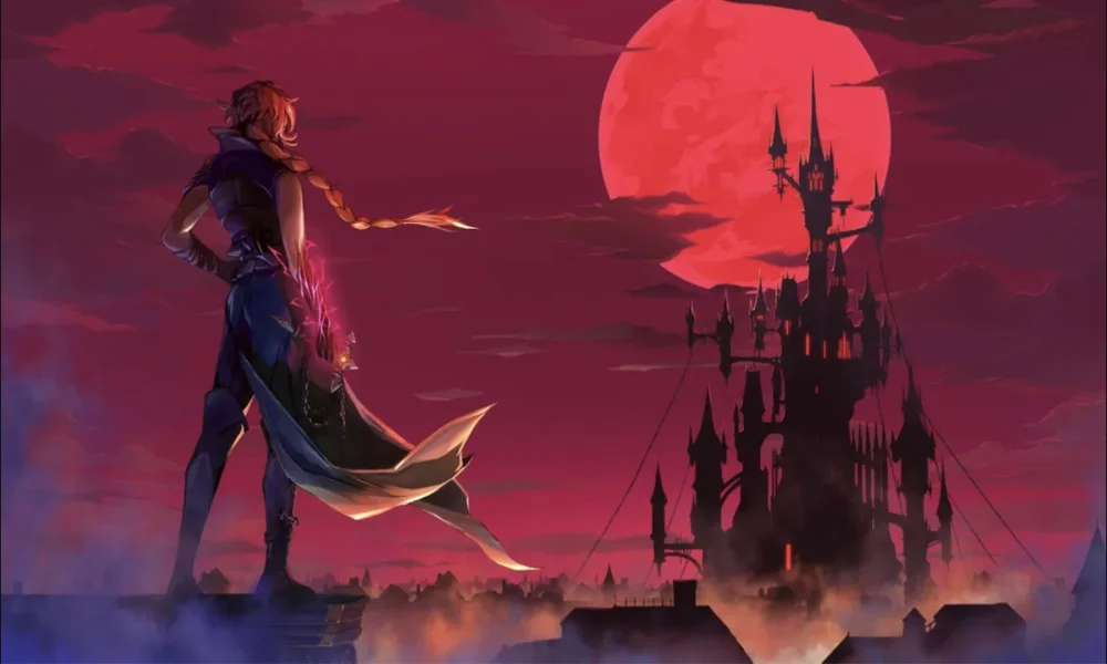 Bohater Castlevania: Belmont’s Curse spogląda na gotycki zamek na tle czerwonego księżyca – ilustracja promocyjna gry.