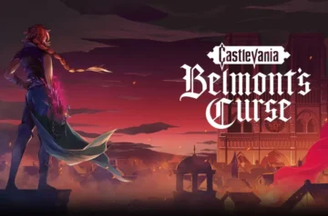 Grafika promocyjna Castlevania: Belmont’s Curse z logo gry oraz sylwetką bohatera na tle gotyckiej panoramy miasta.