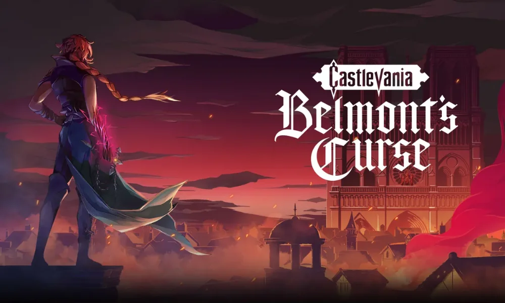 Grafika promocyjna Castlevania: Belmont’s Curse z logo gry oraz sylwetką bohatera na tle gotyckiej panoramy miasta.