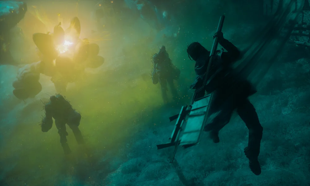 Postacie w skafandrach ochronnych zbliżają się do świecącej anomalii rezonansowej w zniekształconej przestrzeni w Control Resonant