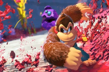 Donkey Kong w dynamicznej scenie akcji, przebijający się przez kolorową, abstrakcyjną przestrzeń w grze Mario Kart World. Jeśli chcesz: