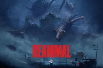 Monumentalne, groteskowe stworzenia unoszące się nad zniszczonym miastem, z logo REANIMAL na pierwszym planie.