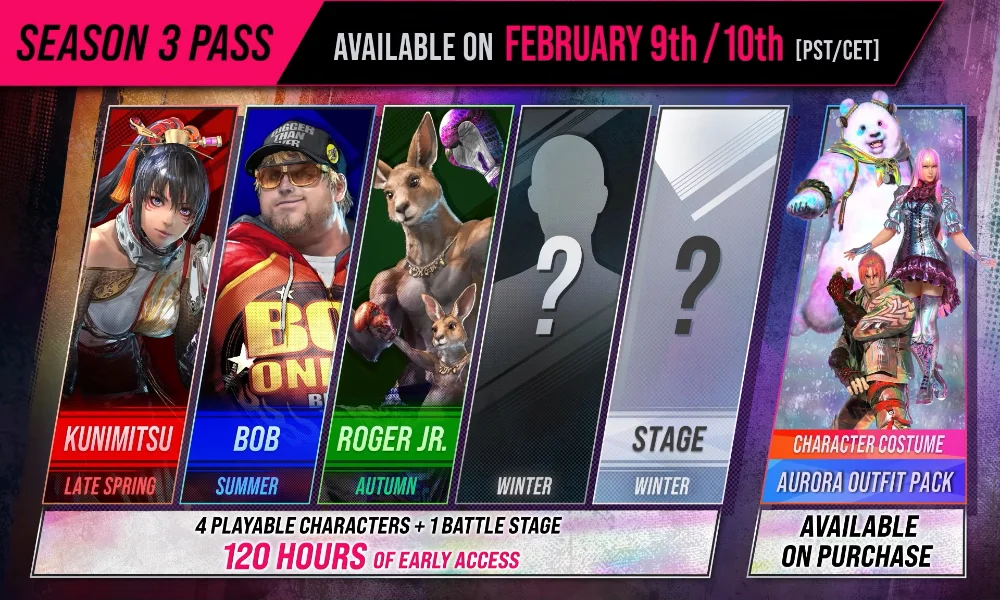 Grafika Season 3 Pass do Tekken 8 prezentująca czterech bohaterów DLC – Kunimitsu, Boba, Rogera Jr. oraz tajemniczą postać – nową arenę i pakiet Aurora Outfit Pack.