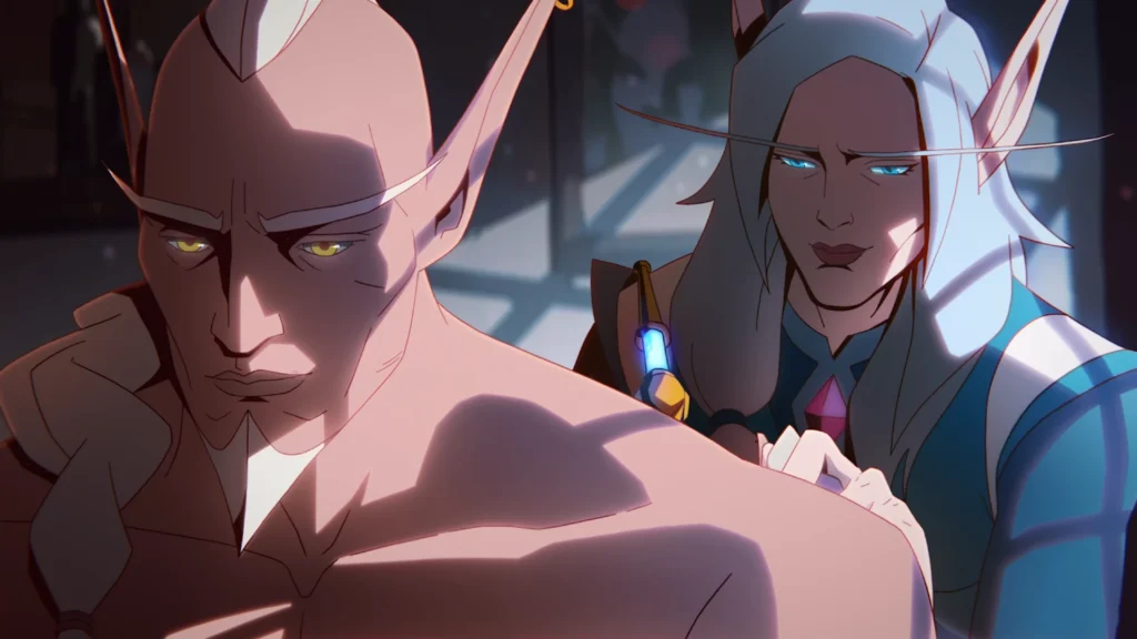 Arator Windrunner w towarzystwie kobiety, scena z animowanego filmu World of Warcraft: Midnight