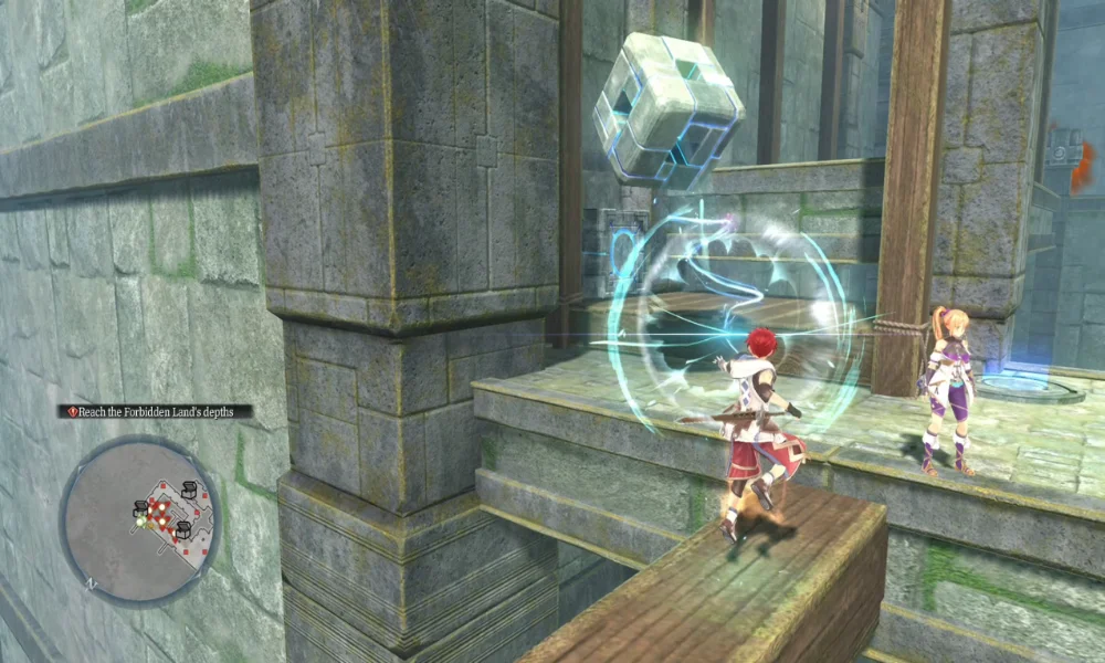 Adol i Karja rozwiązują zagadkę środowiskową w kamiennych ruinach w Ys X: Nordics – postać aktywuje wirującą, magiczną energię unoszącą sześcienny mechanizm nad przepaścią.