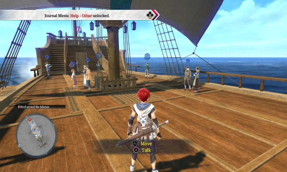 Postać z czerwonymi włosami stoi na drewnianym pokładzie żaglowca na otwartym morzu. Wokół znajdują się inni bohaterowie oznaczeni ikonami rozmowy, a na ekranie widoczny jest interfejs gry z minimapą i podpowiedzią sterowania.