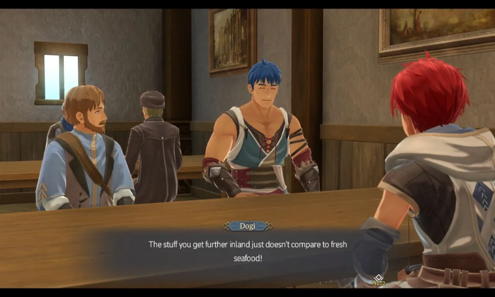 Scena rozmowy w tawernie – trzech mężczyzn siedzi przy drewnianym stole. Niebieskowłosy, muskularny mężczyzna mówi o świeżych owocach morza, a naprzeciwko niego siedzi czerwonowłosy bohater. Dialog wyświetlany jest w dolnej części ekranu.