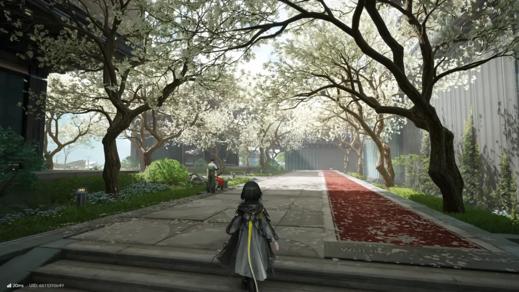 Zrzut ekranu z gry Arknights: Endfield. Główna bohaterka idzie przez aleję pełną kwitnących drzew.