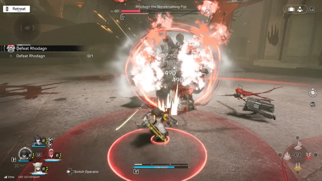 Zrzut ekranu z gry Arknights: Endfield. Walka z pierwszym większym przeciwnikiem.