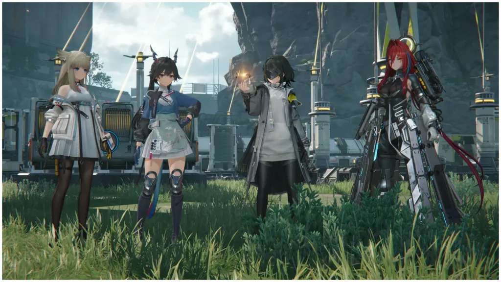 Zrzut ekranu z gry Arknights: Endfield. Cztery postacie stoją na tle fabryki. Od lewej: Chen, Endministrator, Ember i Perlica.