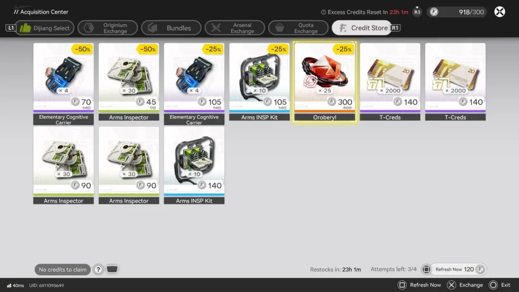 Sekcja sklepu gdzie można kupować towary za kredyty w Arknights: Endfield