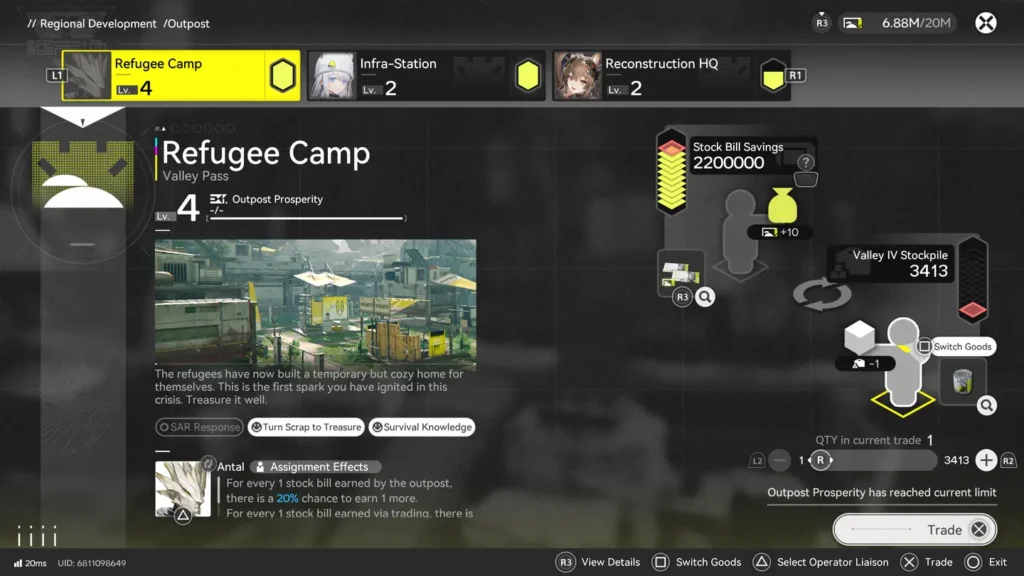 Ekran sprzedaży produktów do obozowisk w Arknights: Endfield