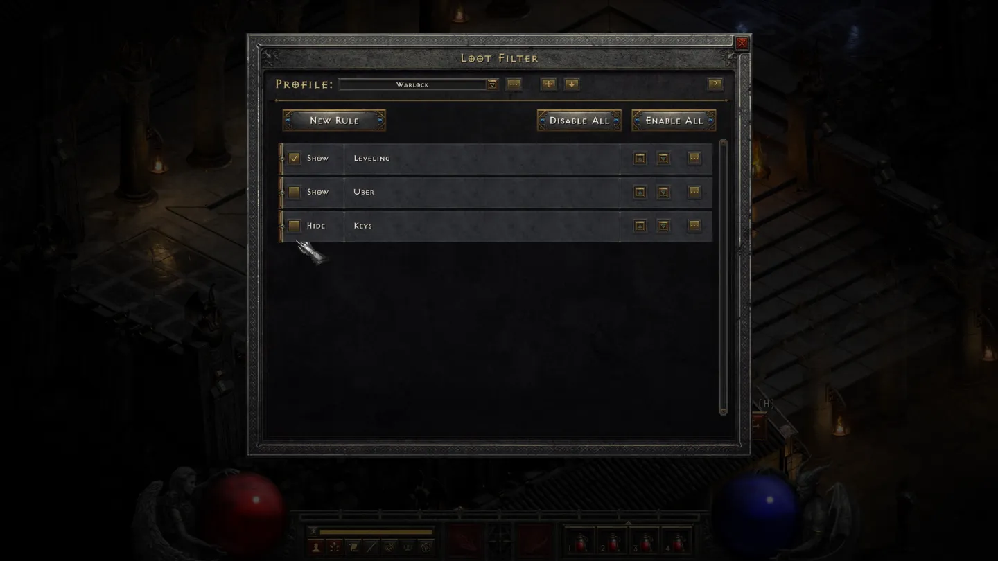 Ekran konfiguracji filtra łup&oacute;w z kilkoma profilami i regułami, pozwalający zdecydować, kt&oacute;re przedmioty mają być pokazywane, a kt&oacute;re ukrywane podczas rozgrywki w Diablo II: Resurrected.