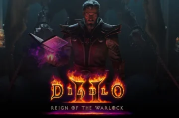 Mroczna scena w lochu, w centrum stoi czarodziej w czerwono‑czarnej zbroi, trzymający świecącą fioletową księgę, pod nim płonie ogniste logo „Diablo II: Reign of the Warlock”, w tle migoczą świece i łańcuchy.