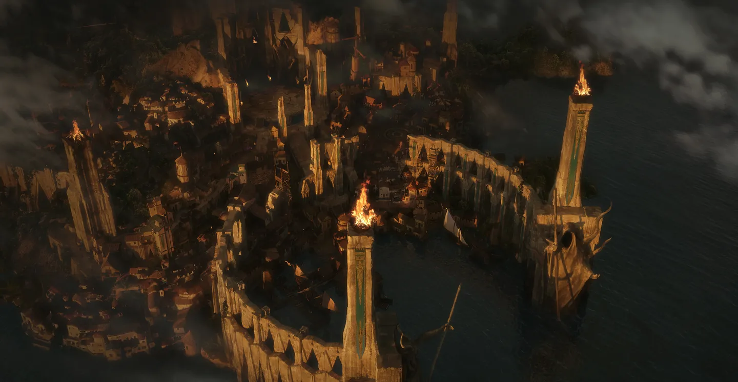 Zniszczone miasto portowe z wysokimi wieżami płonącymi pochodniami, mostami nad wodą i demoniczną atmosferą, prawdopodobnie Temis &ndash; nowa stolica endgame w Skovos z architekturą inspirowaną Morokko.