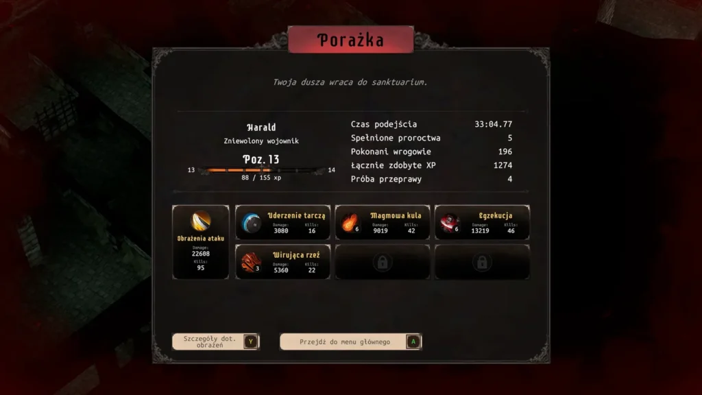 Ekran „Porażka” (Game Over) z gry Heretical, podsumowujący nieudaną próbę.