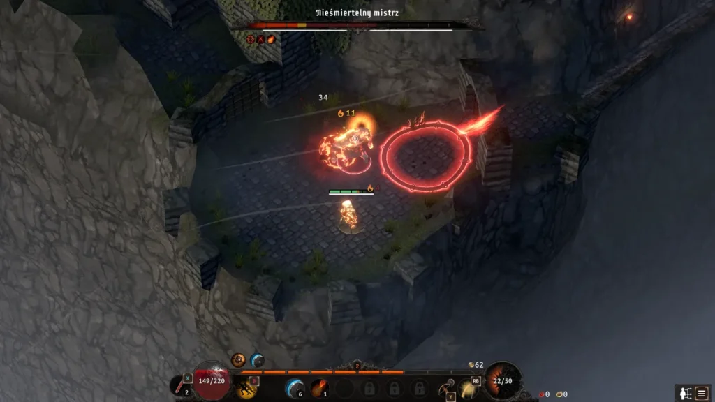 Zrzut z Heretical pokazuje walkę w wilgotnej, podziemnej komnacie z wodą i ruinami.