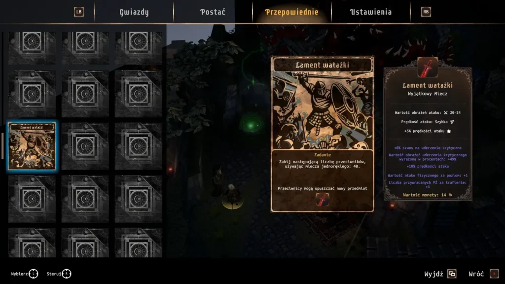 To ekran menu kart w grze Heretical, z aktywnie wybranym artefaktem „Lament Natuli”.