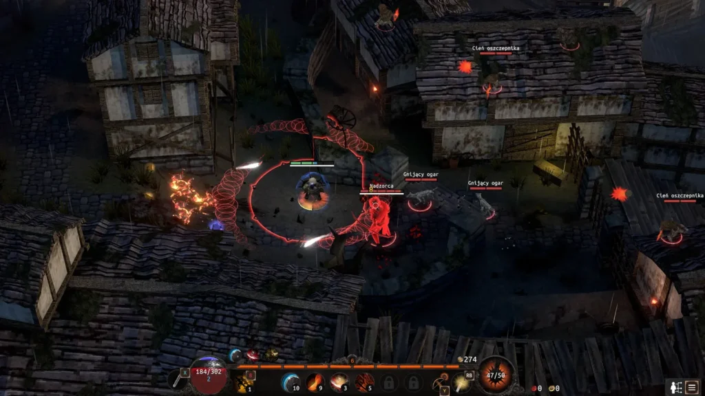 Na zrzucie ekranu z gry Heretical widać dynamiczną walkę na dachach średniowiecznej osady nocą.