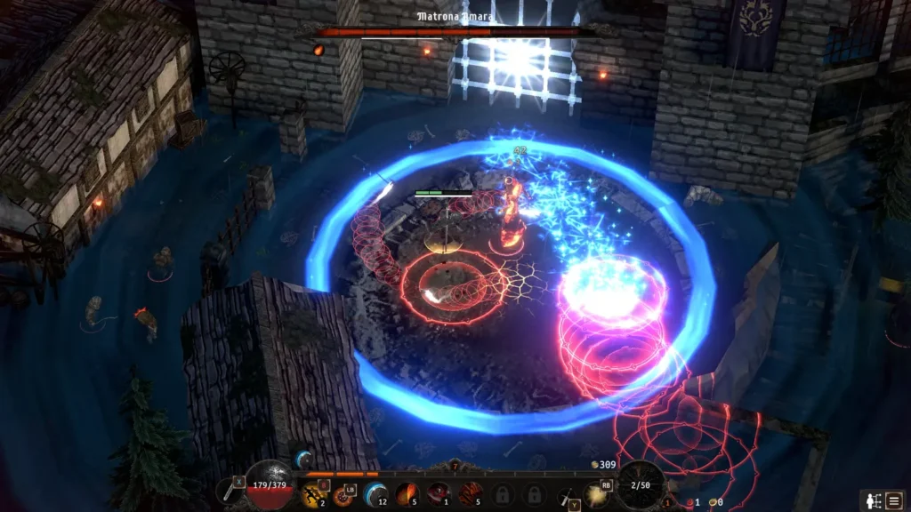 Dynamiczna scena walki w Heretical na zalanej wodą arenie w zamczysku, z efektami magii i AoE.