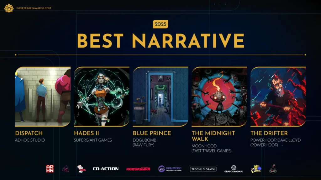 Zdjęcie pokazuje nominacje do Best Narrative na Indie Pearls Awards 2025, z Hades II i innymi tytułami jak Dispatch i Blue Prince. Ikony Moonlight i The Drifter podkreślają bogate historie tych indie produkcji.