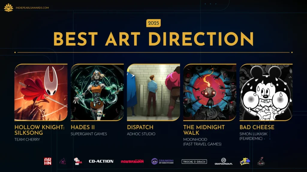 Grafika nominacji Best Art Direction w Indie Pearls Awards 2025, z Hollow Knight na czele obok Hades II i Moonlight. Wyróżniają się unikalne style wizualne Dispatch, The Midnight i Bad Cheese.