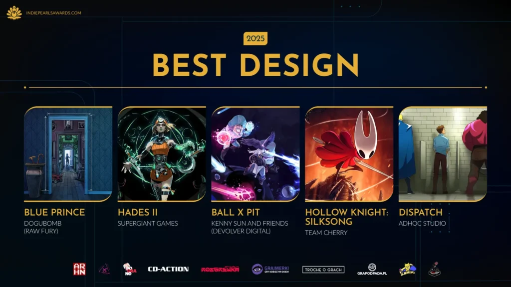Grafika przedstawia nominacje do nagrody Best Design na Indie Pearls Awards 2025, z wyróżnieniem Blue Prince jako zwycięzcy. Widoczne są ikoniczne artworki gier takich jak Hades II, Balatro i Hollow Knight: Silksong.