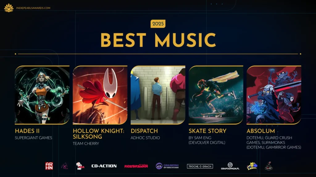 Obrazek z nominacjami Best Music Indie Pearls Awards 2025, gdzie Hades II wyróżnia się wśród Hollow Knight: Silksong i Dispatch. Grafiki Absolum i Skate Story dodają kolorytu muzycznym perełkom roku.